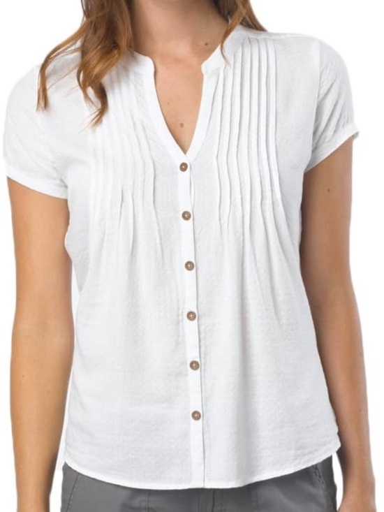 Prana Tops - Prana Ellie Top White Short-Sleeve Pintuck Button Front Top Mandarin Collar Y2K